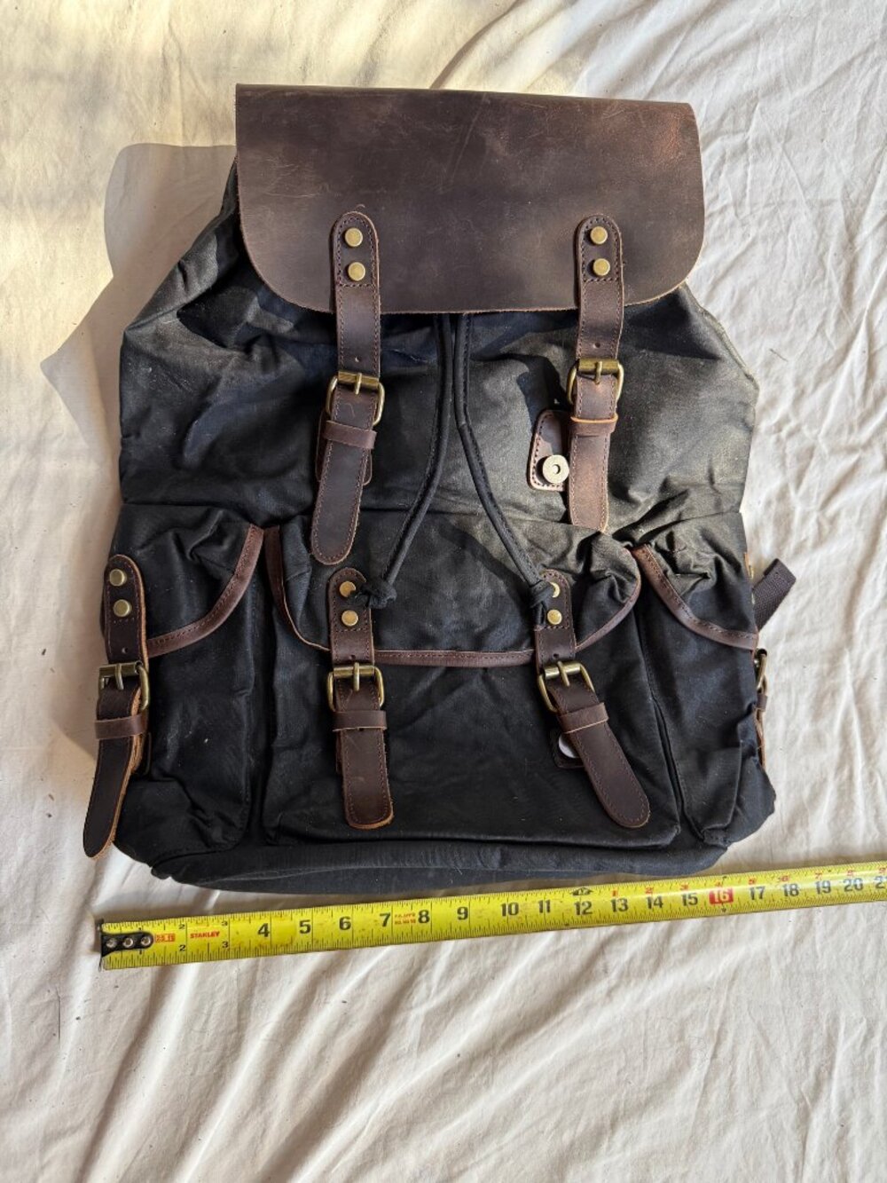 NWOT Waxed Canvas & Crazy Horse Leather Laptop Backpack 17" Black + Dust Bag